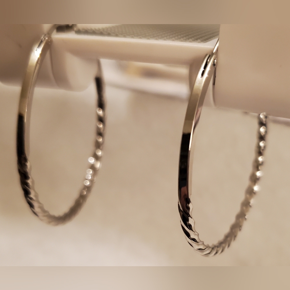 Silver Hoop Earrings with Twisted Rope design 1.5"